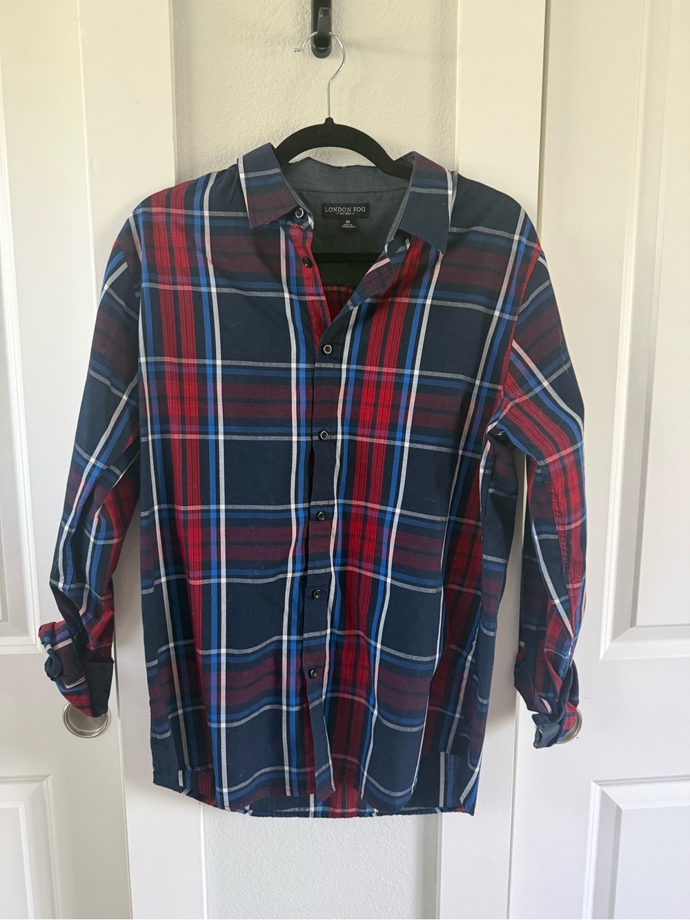 London Fog Navy and Red Plaid Long-Sleeve Button-Down Shirt